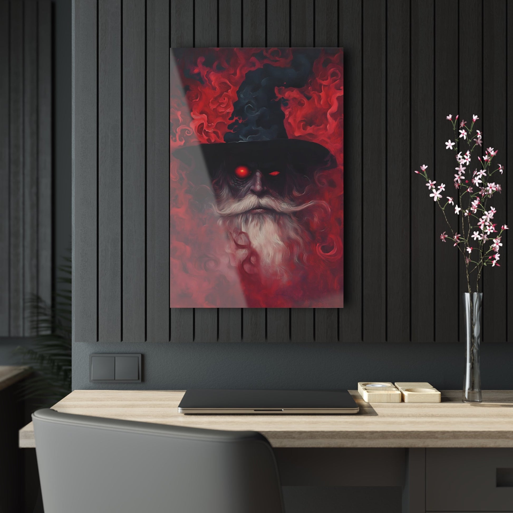 Vertical-oriented wall art: "The Wizard's Veil II" A mysterious wizard with glowing red eyes emerges from a swirling, crimson mist, his expression intense and otherworldly. The deep reds and intricate textures create an aura of magic and dark fantasy, drawing viewers into his enchanted realm.