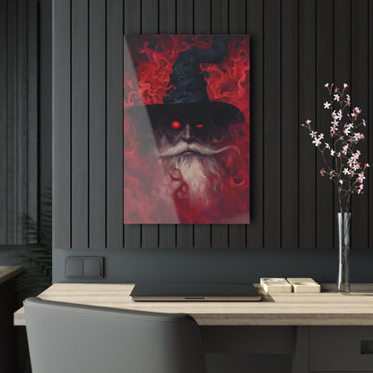 Vertical-oriented wall art: "The Wizard's Veil II" A mysterious wizard with glowing red eyes emerges from a swirling, crimson mist, his expression intense and otherworldly. The deep reds and intricate textures create an aura of magic and dark fantasy, drawing viewers into his enchanted realm.