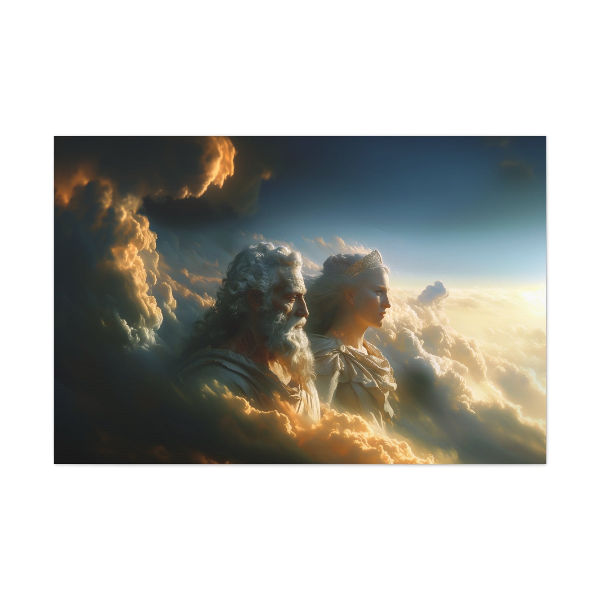 Horizontal-oriented wall art: "Storm of Affection" from the Elysian Legends collection depicts Zeus and Hera in a surreal, tempestuous scene surrounded by swirling clouds and lightning, symbolizing their passionate and conflict-filled love. The dramatic lighting and ethereal elements enhance the divine and mythical atmosphere, drawing viewers into the epic narrative of these Greek gods.