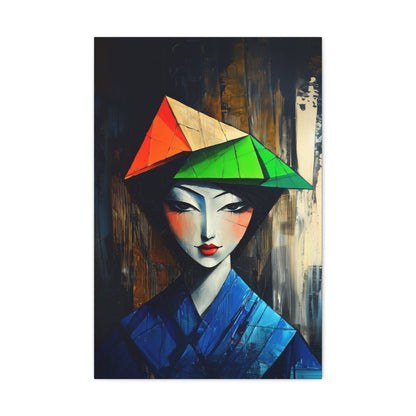 Vertical-oriented wall art: "Fractured Elegance." An Asian woman in traditional attire is depicted in a Cubist style, her serene expression framed by angular geometric shapes in blue, green, and orange. Dramatic lighting highlights the vibrant palette and intricate textures, creating a sophisticated and ethereal composition.