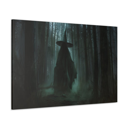 Horizontal-oriented wall art: A mysterious witch walks through a dark, foggy forest, surrounded by twisted trees and ominous shadows, evoking a sense of enchantment and mystery.