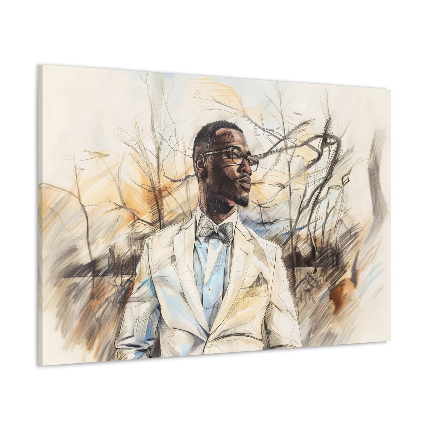 Horizontal-oriented artwork: Digital artwork depicting a stylish man wearing glasses and a white suit against a backdrop of trees.