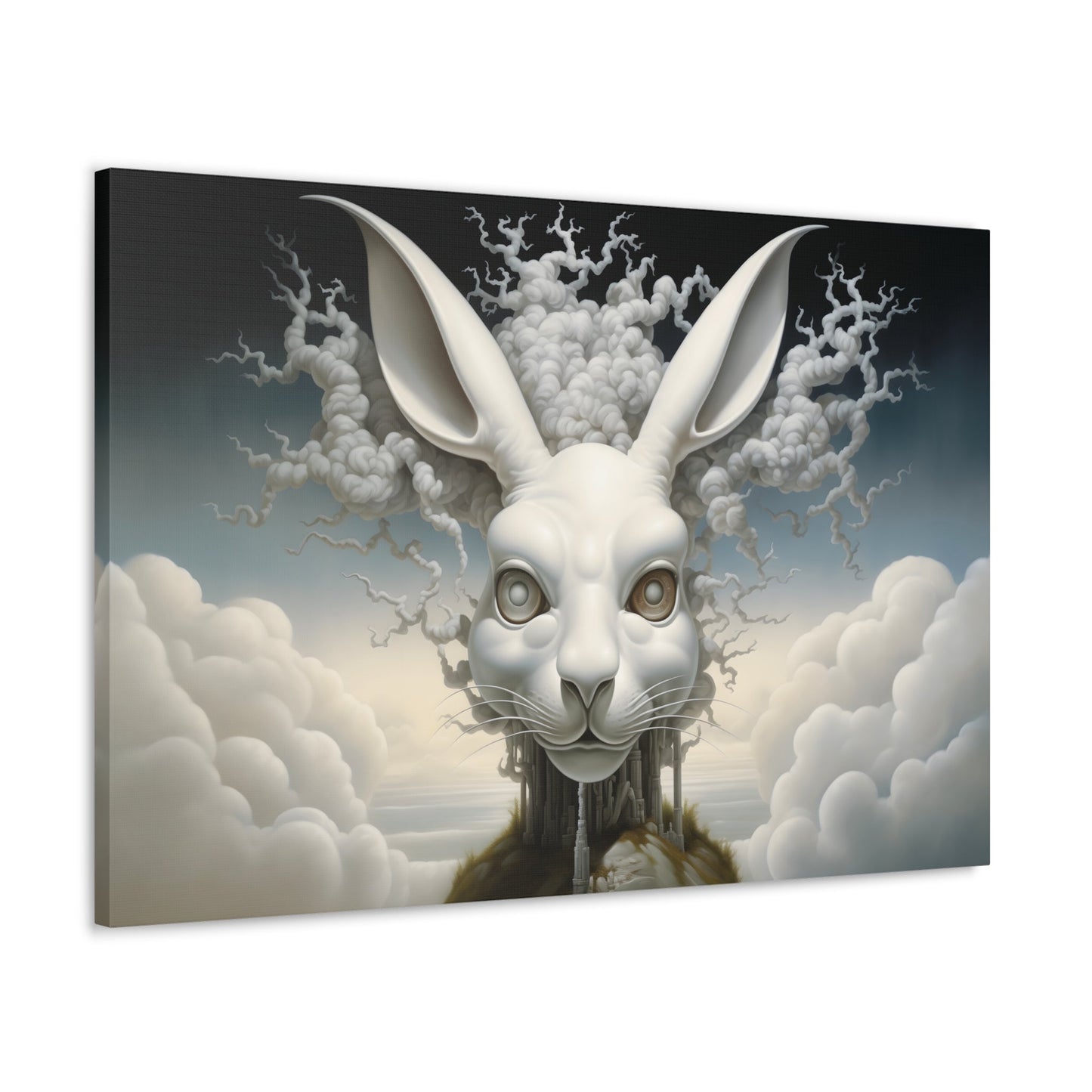 Horizontal-oriented wall art: A surreal, oversized white hare with mechanical eyes is depicted in the center, surrounded by swirling cloud-like forms. The background features a dreamy, ethereal landscape with hints of industrial architecture, blending natural and abstract elements.