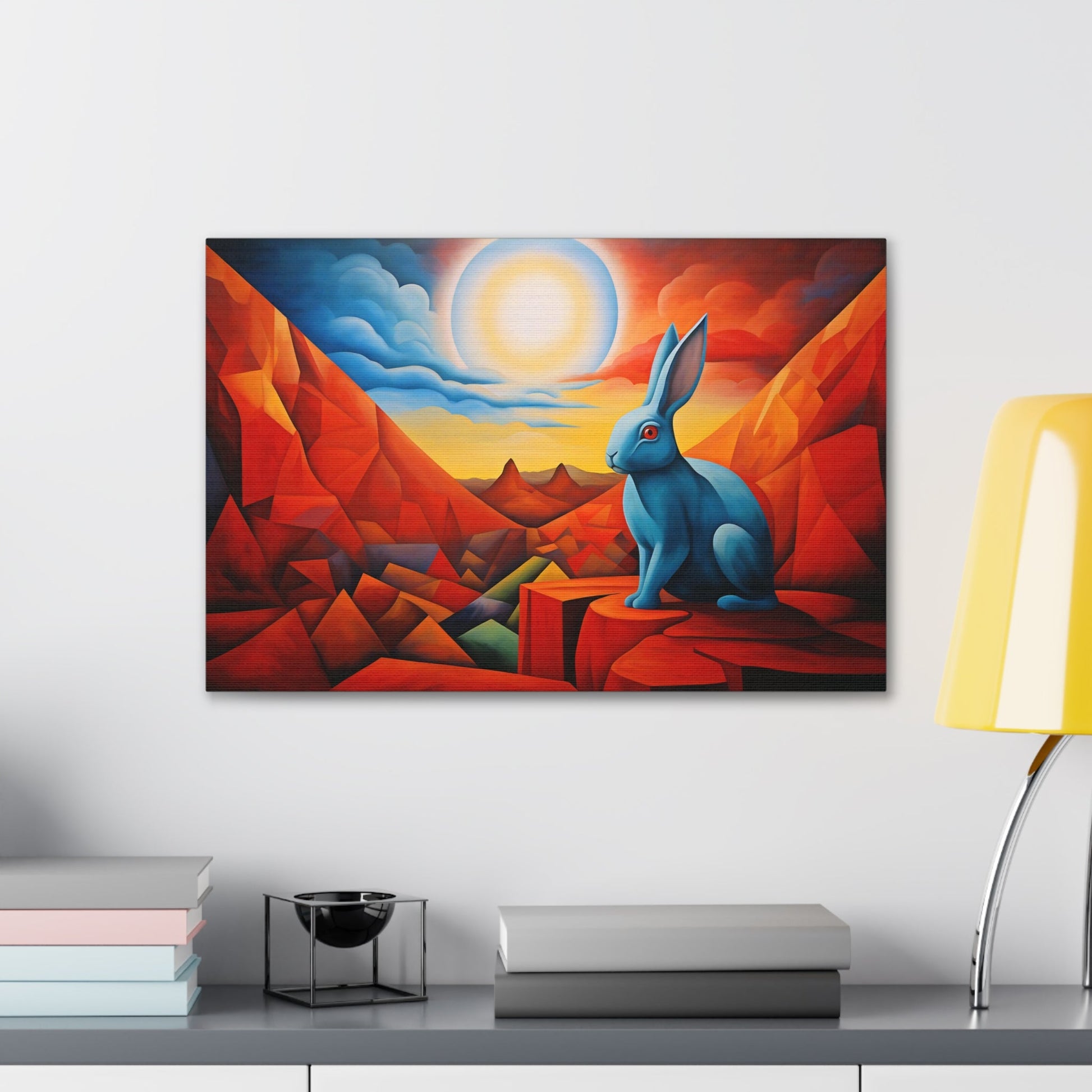 Horizontal-oriented wall art: "Vortic Hare III" features a vibrant blue rabbit sitting calmly on angular red rocks in a surreal, geometric landscape with a glowing sun in the background. The bold contrast of vivid blue, red, and orange tones evokes a dynamic fusion of Vorticism, Cubism, and Surrealism.