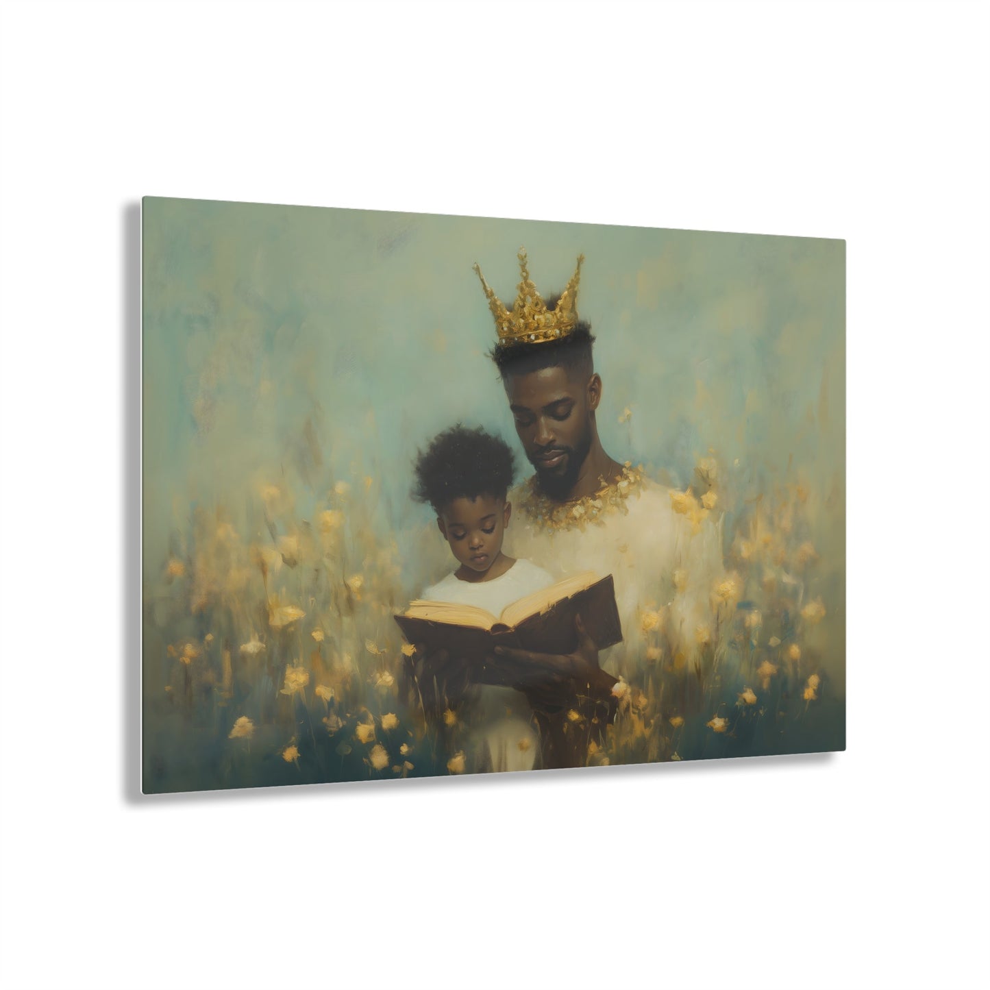 Horizontal-oriented wall art: A kingly father reads to his princely son, both adorned with crowns symbolizing the value of education. The painting features a magical realism style with whimsical elements, emphasizing the importance of knowledge and the bond between generations.