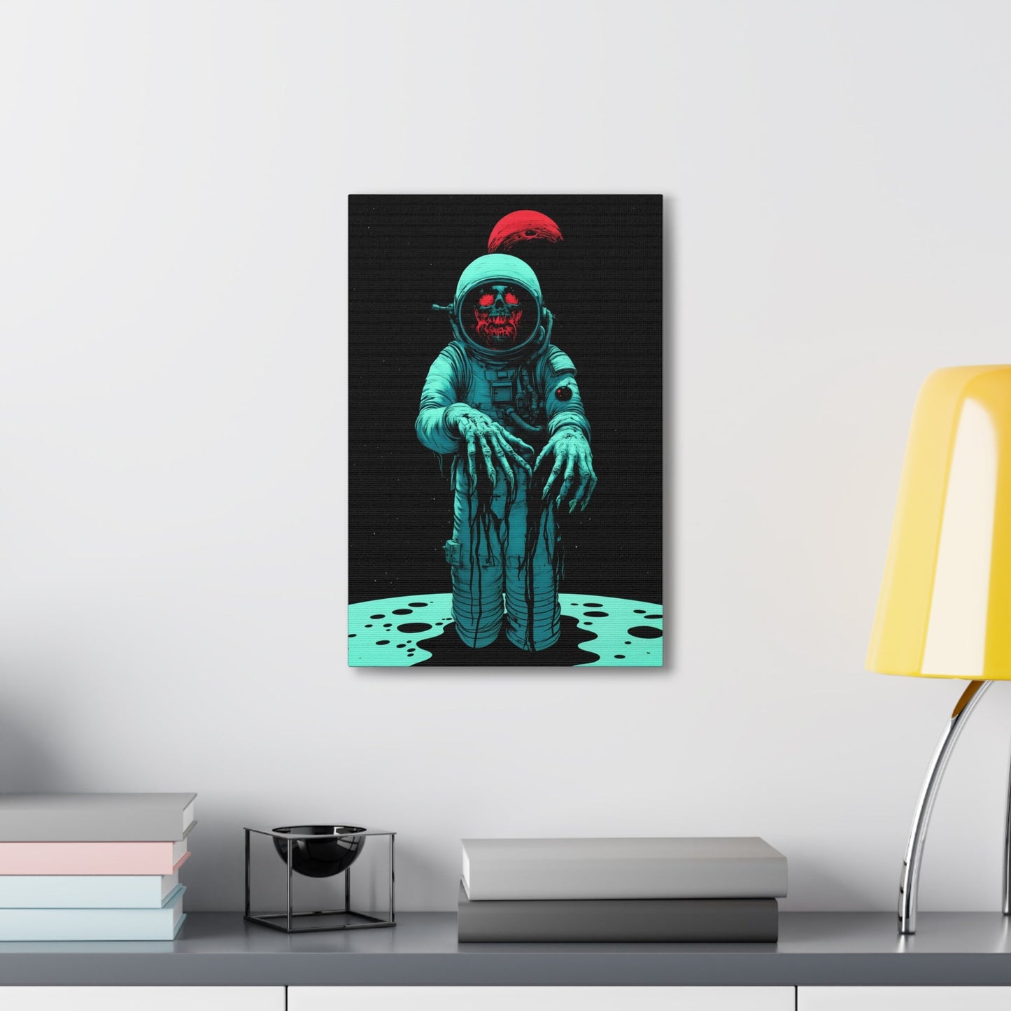 Vertical-oriented wall art: "Cosmic Remains IV" A decayed astronaut, with grotesque hands reaching forward, stands against a dark space background, illuminated by eerie teal and red tones. The haunting figure evokes a sense of cosmic horror and isolation, creating a striking contrast between the decaying form and the endless void.