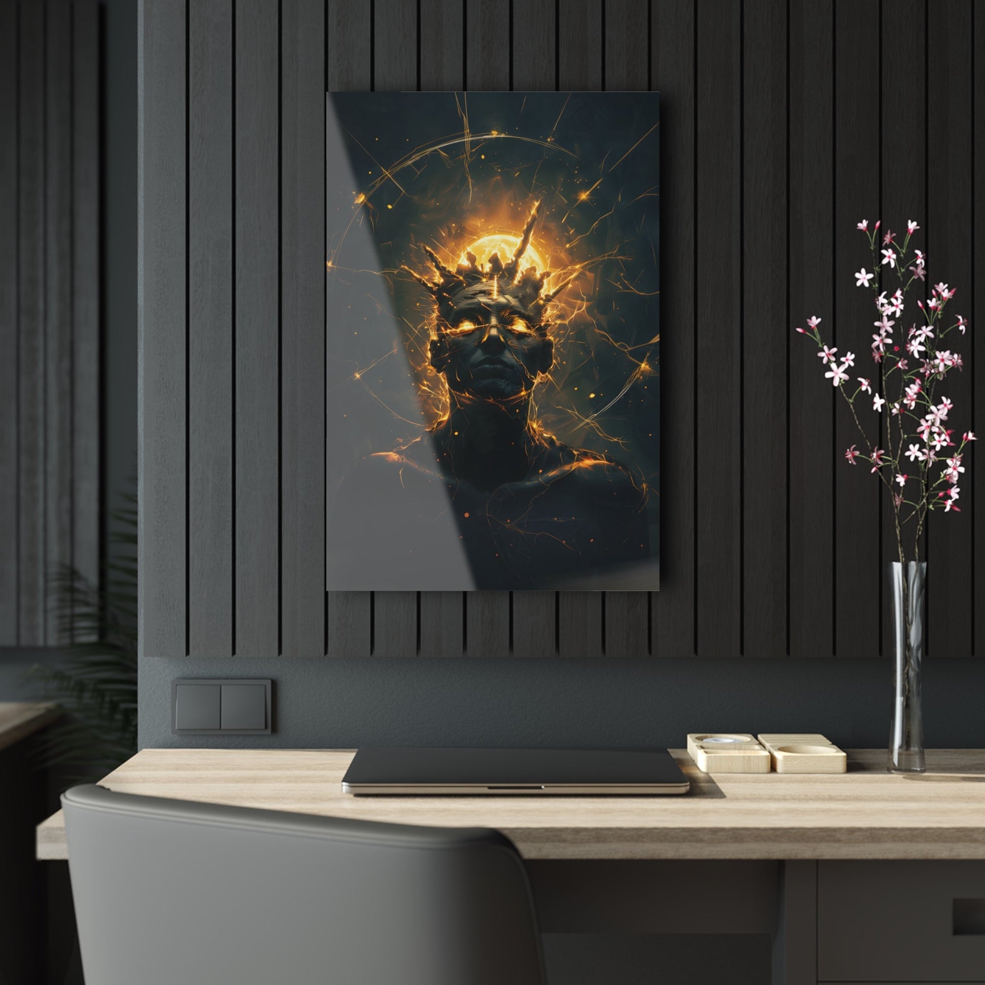 Vertical-oriented wall art: An undead mummified king stands regally in the desert sands, bathed in the warm golden light of the sun.