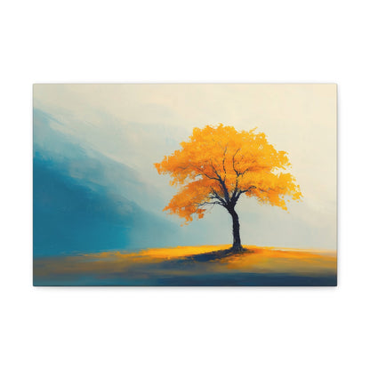 Horizontal-oriented wall art: Artwork titled Autumn’s Glow from the Ethereal Horizons collection, featuring a vibrant golden tree standing alone in a serene, misty landscape. The composition combines warm amber tones with soft teal hues, evoking tranquility and the timeless beauty of autumn.