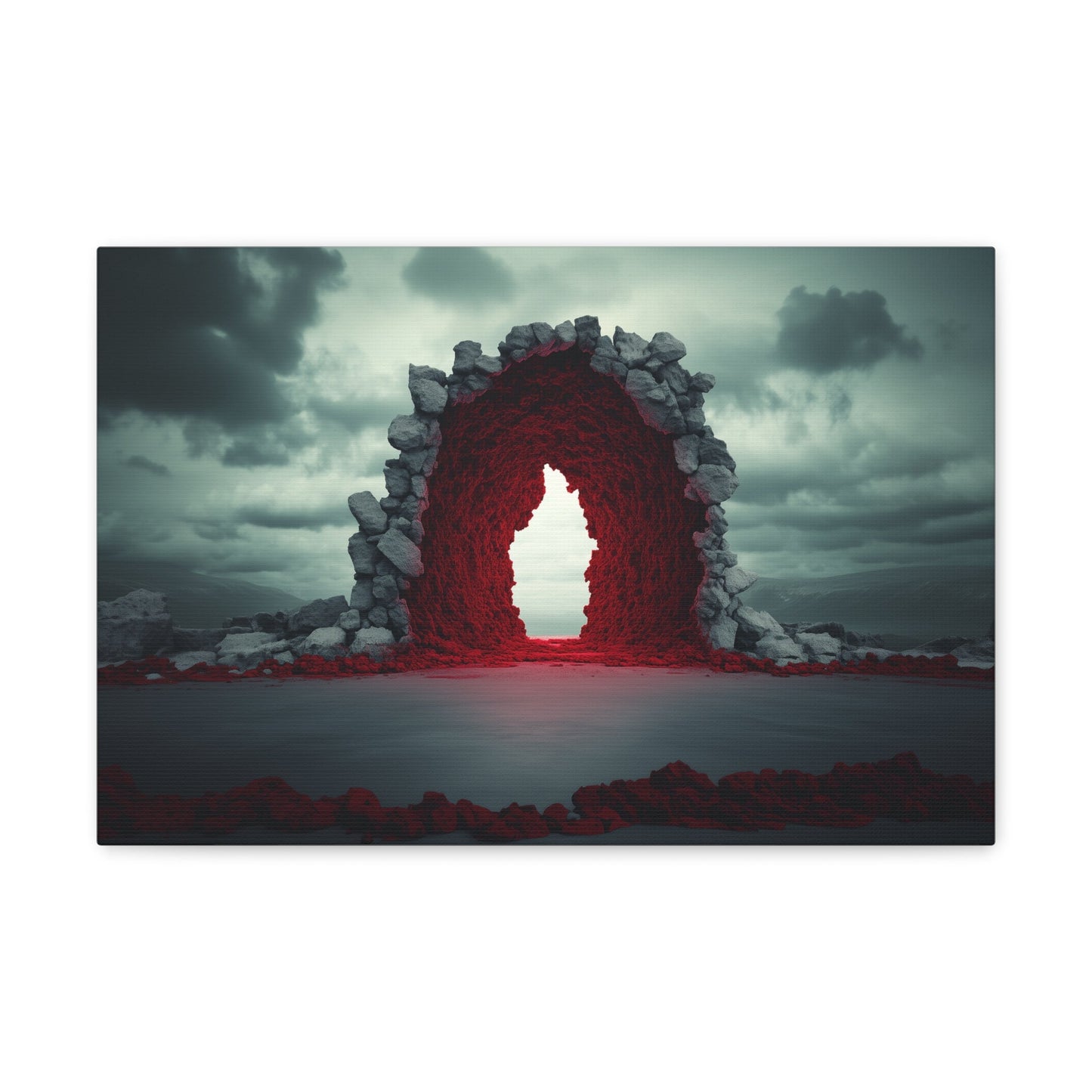 Horizontal-oriented wall art: "Portal of Possibilities" A glowing red portal framed by jagged stone stands in a barren landscape under a moody, overcast sky. The surreal scene evokes mystery and possibility, as if the gateway leads to another dimension.