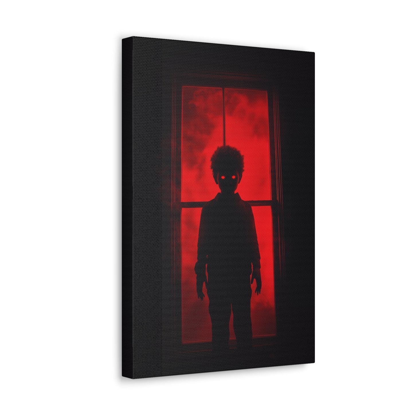 Vertical-oriented wall art: "Shadows in the Mist II." A shadowy child-like figure with glowing red eyes stands against a crimson-illuminated window, shrouded in red mist and black silhouettes, evoking an eerie and supernatural atmosphere.