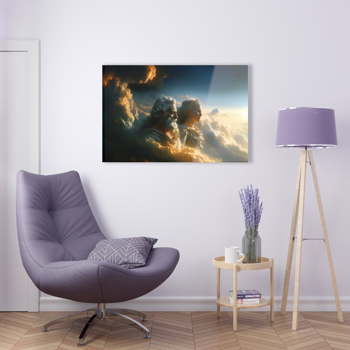 Horizontal-oriented wall art: "Storm of Affection" from the Elysian Legends collection depicts Zeus and Hera in a surreal, tempestuous scene surrounded by swirling clouds and lightning, symbolizing their passionate and conflict-filled love. The dramatic lighting and ethereal elements enhance the divine and mythical atmosphere, drawing viewers into the epic narrative of these Greek gods.