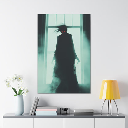 Vertical-oriented wall art: "Haunting Hunger II." A shadowy vampire figure with glowing red eyes stands in a mist-filled room, backlit by a bright window. The eerie atmosphere and chilling silhouette evoke a sense of supernatural dread and Gothic elegance.