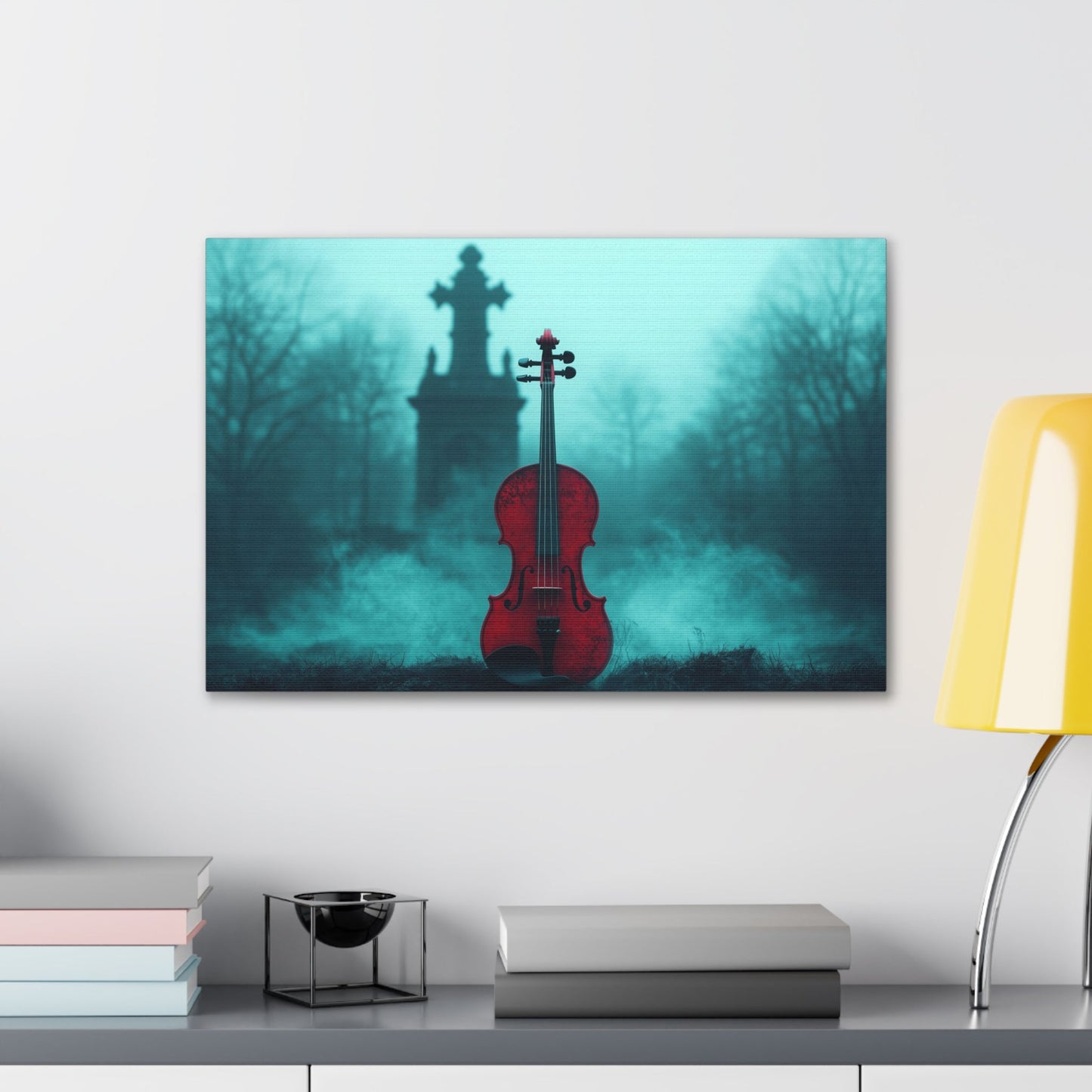 Horizontal-oriented wall art: "The Mourning Violin." A vivid red violin stands alone in a misty graveyard, framed by a dark, Gothic cross in the background. Diffused teal lighting and soft shadows create a haunting and melancholic atmosphere.