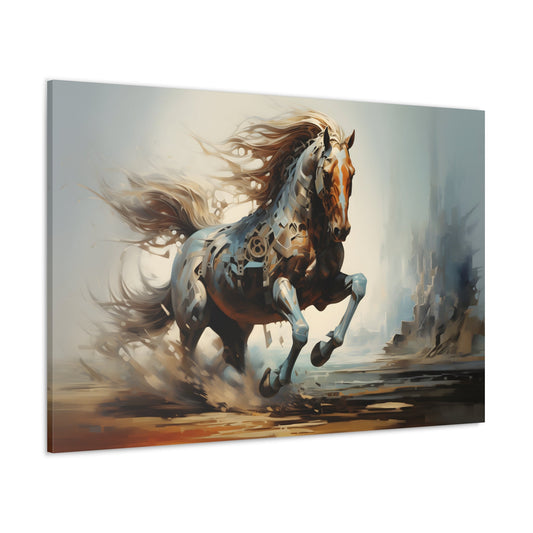 Horizontal-oriented wall art: A powerful horse with metallic gears and plates integrated into its body gallops across a desolate landscape, kicking up dust. The piece blends organic life and mechanical elements, with a futuristic and dynamic feel, highlighted by soft neutral tones and subtle metallic colors.