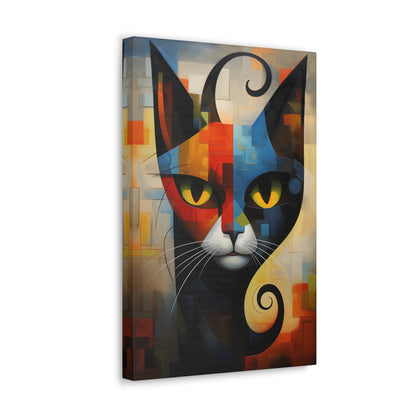 Vertical-oriented wall art: A vibrant cubist-style portrait of a cat, featuring a geometric composition with bold shapes and colors. The cat's eyes are bright yellow, set against a dynamic background of intersecting blocks in shades of red, blue, orange, and yellow.