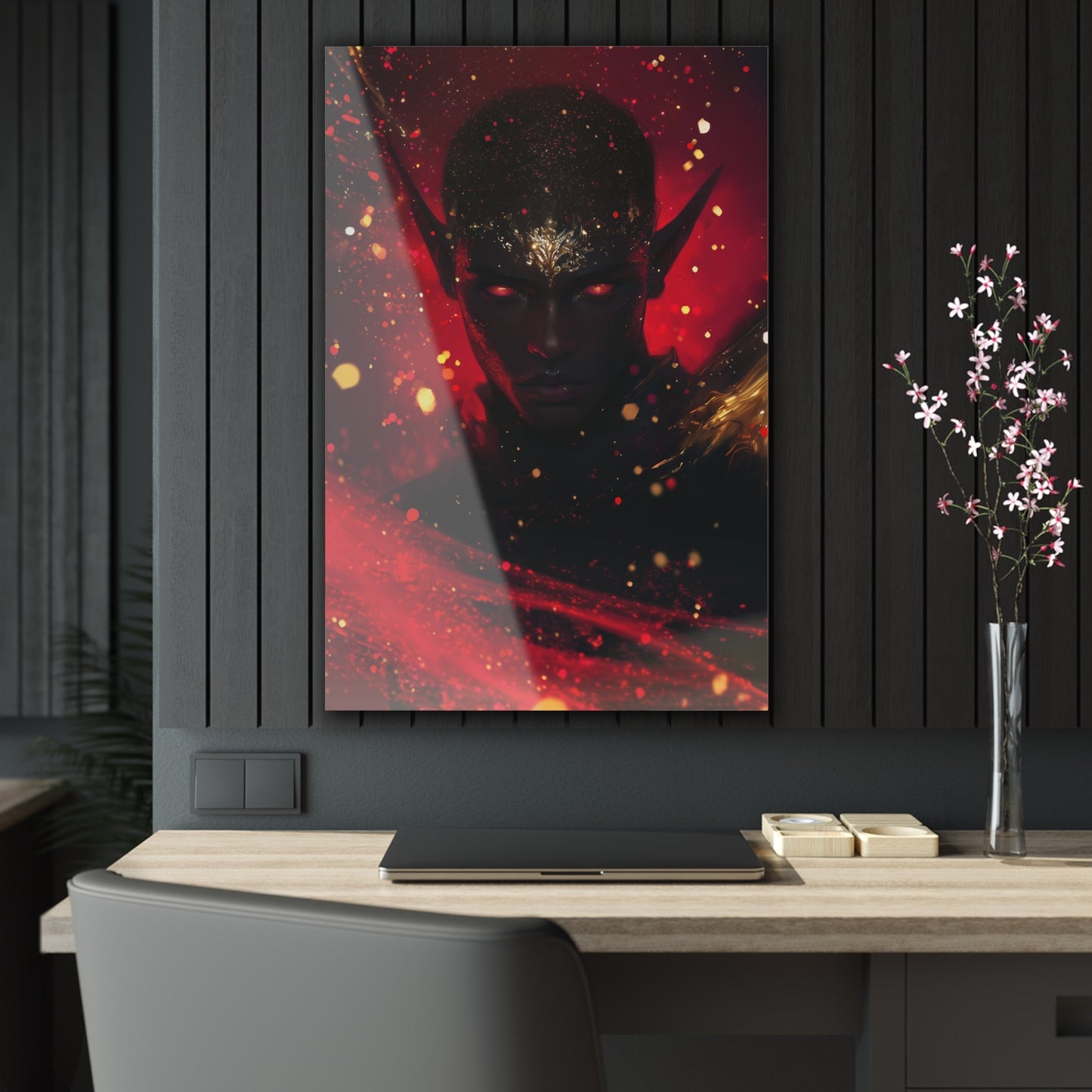 Horizontal-oriented wall art: "Obsidian Elegance" A striking portrait of a black elf with glowing red eyes and intricate gold accents adorning their forehead, set against a fiery background of vibrant red and gold hues. The artwork radiates an aura of power, mystery, and elegance, capturing the essence of ethereal beauty.