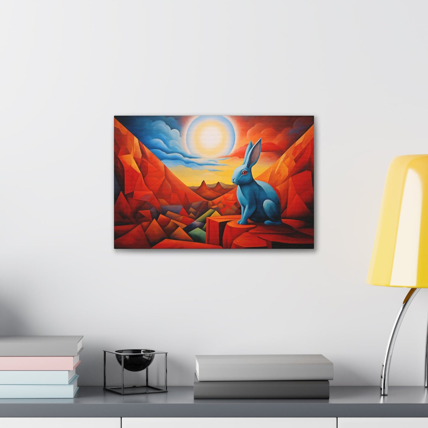 Horizontal-oriented wall art: "Vortic Hare III" features a vibrant blue rabbit sitting calmly on angular red rocks in a surreal, geometric landscape with a glowing sun in the background. The bold contrast of vivid blue, red, and orange tones evokes a dynamic fusion of Vorticism, Cubism, and Surrealism.