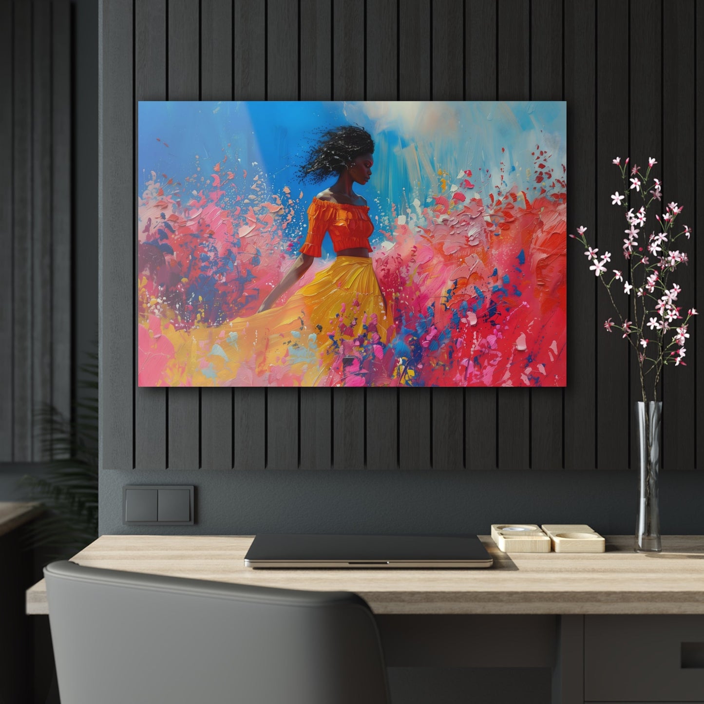 Horizontal-oriented artwork: An abstract palette knife oil painting featuring a woman walking through a colorful landscape of swirling paint splashes and vibrant hues.