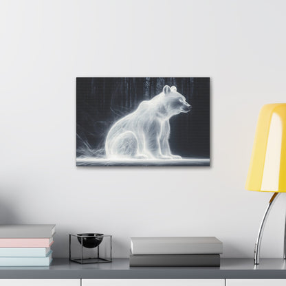 Horizontal-oriented wall art: "Glowing Guardian III" A luminous bear sits serenely in a dark forest, surrounded by a soft, glowing aura that illuminates its form. The ethereal light effect creates a mystical atmosphere, highlighting the bear's calm and protective presence against the shadowy background.