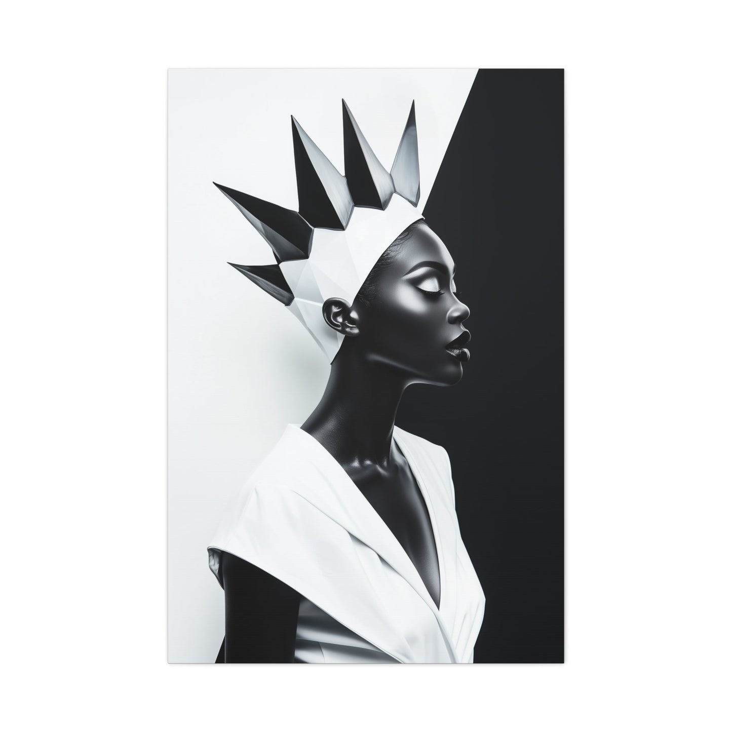 Vertical-oriented wall art: "Majestic Symmetry II" A striking portrait of a modern Black queen with a sharp geometric crown, set against a bold monochromatic background. The artwork highlights her regal elegance and symmetry, blending contemporary design with timeless sophistication.