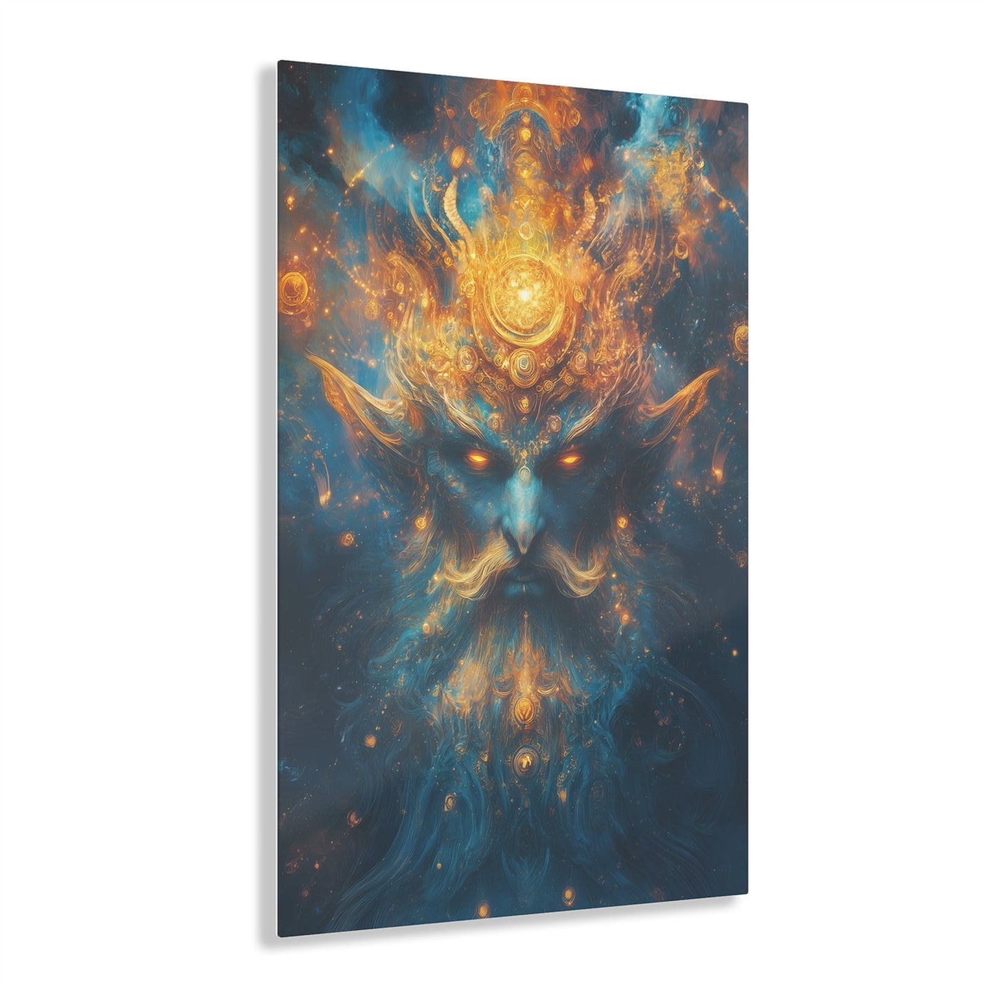 Vertical-oriented wall art "Celestial Djinn II" A cosmic djinn with glowing eyes and intricate golden patterns emerges from a swirl of azure and gold energy. This mystical artwork captures the celestial power and ancient wisdom of a divine being.