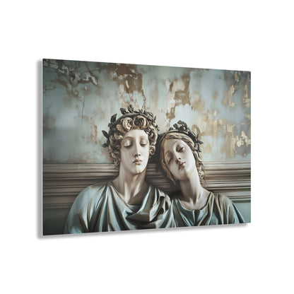 Horizontal-oriented wall art: "Tranquil Companions" Two classical statues, rest their heads against each other with eyes closed, evoking a serene sense of companionship. The weathered background with soft pastel tones and hints of gold adds to the tranquil, nostalgic ambiance of the artwork.