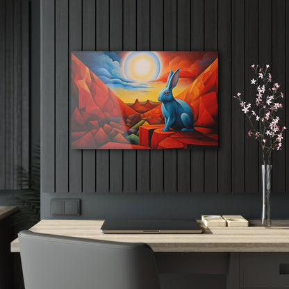 Horizontal-oriented wall art: "Vortic Hare III" features a vibrant blue rabbit sitting calmly on angular red rocks in a surreal, geometric landscape with a glowing sun in the background. The bold contrast of vivid blue, red, and orange tones evokes a dynamic fusion of Vorticism, Cubism, and Surrealism.