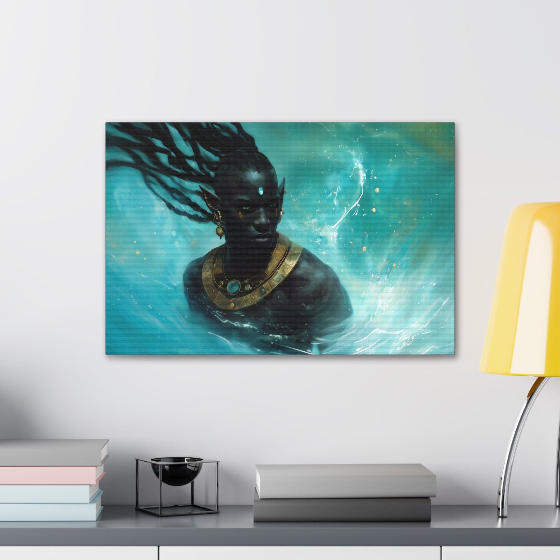 Horizontal-oriented wall art: "Obsidian Elegance II" A striking portrait of a Black elf adorned with intricate golden jewelry, surrounded by swirling, vibrant turquoise water. The composition highlights the figure's regal presence and otherworldly grace in a captivating fantasy setting.