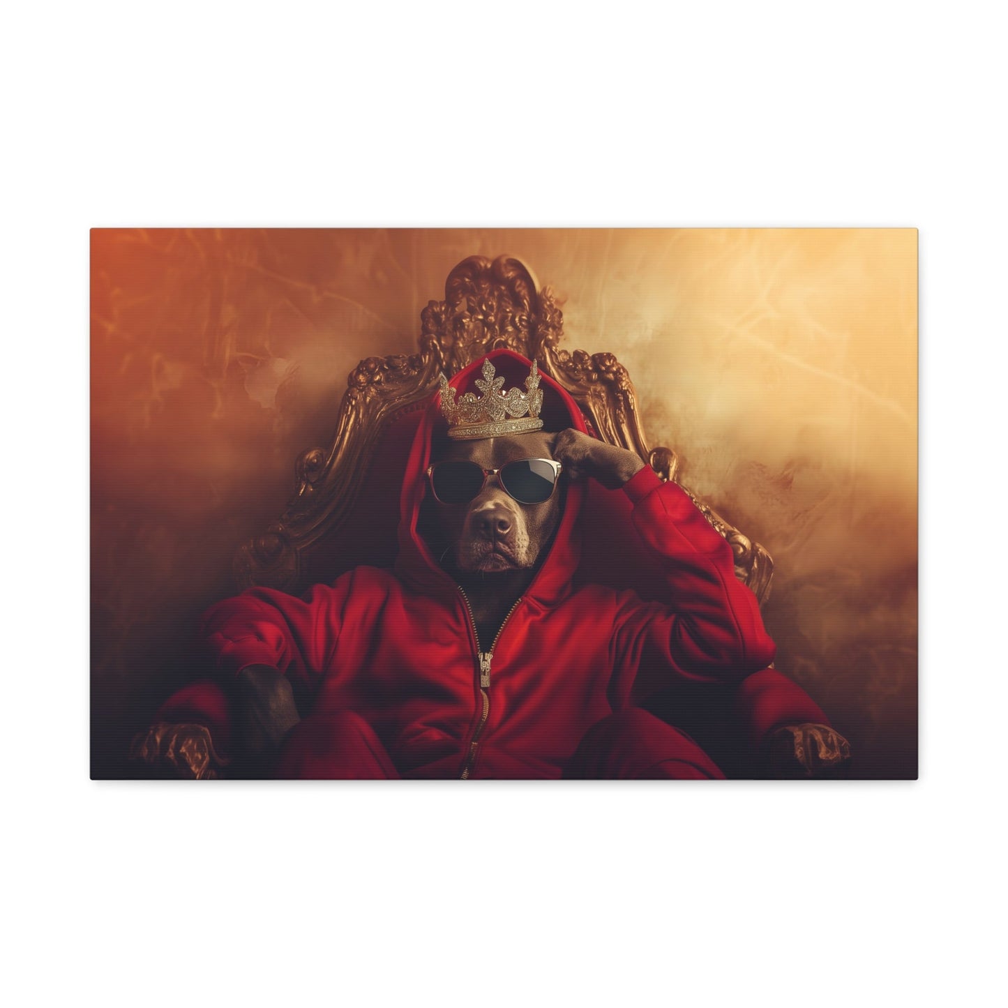 Horizontal-oriented wall art: "Crowned Companion" A regal dog sits on an ornate golden throne wearing a crown, sunglasses, and a red hoodie, exuding confidence and charm. This playful artwork combines luxury with a modern twist, celebrating the noble spirit of pets.