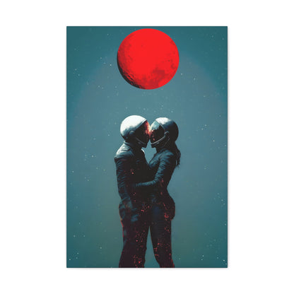 Vertical-oriented wall art: "Galactic Romance IV" depicts two astronauts embracing under a glowing red moon, their helmets gently touching as they share a moment of intimacy in space. The starry background contrasts with the fiery red moon, emphasizing the romantic and cosmic connection between the figures.