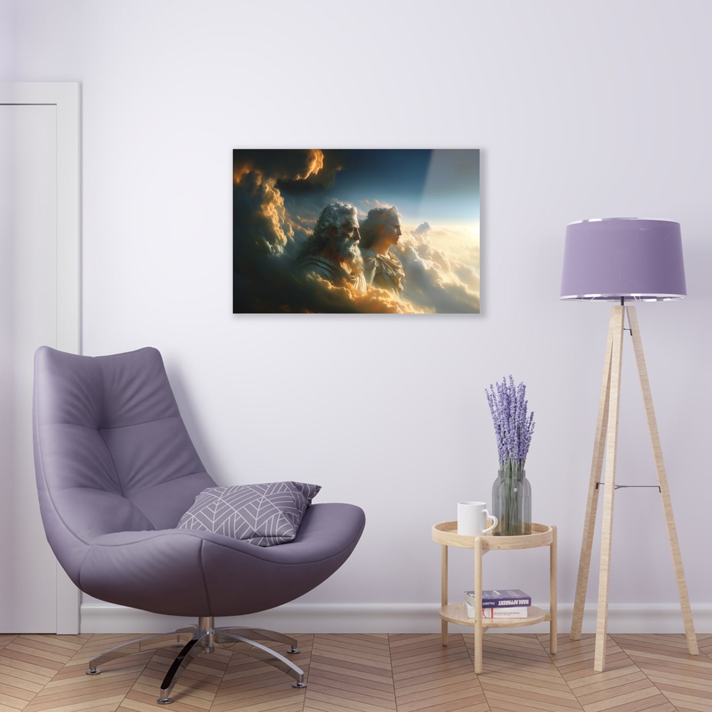 Horizontal-oriented wall art: "Storm of Affection" from the Elysian Legends collection depicts Zeus and Hera in a surreal, tempestuous scene surrounded by swirling clouds and lightning, symbolizing their passionate and conflict-filled love. The dramatic lighting and ethereal elements enhance the divine and mythical atmosphere, drawing viewers into the epic narrative of these Greek gods.