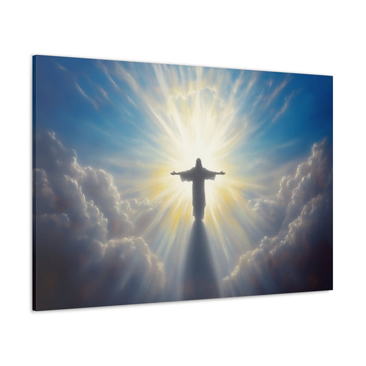 Horizontal-oriented wall art: "The Heavenly Ascent." A luminous depiction of Jesus ascending to heaven, surrounded by radiant golden light and soft clouds. The composition features vibrant brushstrokes and an ethereal glow, evoking hope, peace, and divine love.