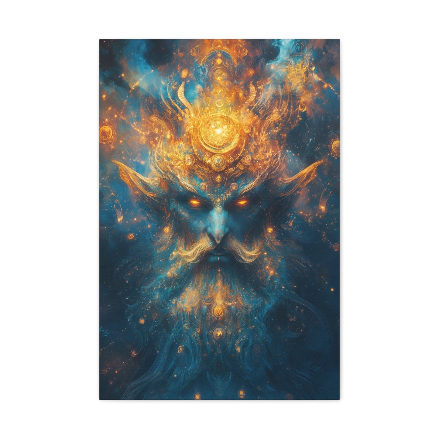 Vertical-oriented wall art "Celestial Djinn II" A cosmic djinn with glowing eyes and intricate golden patterns emerges from a swirl of azure and gold energy. This mystical artwork captures the celestial power and ancient wisdom of a divine being.