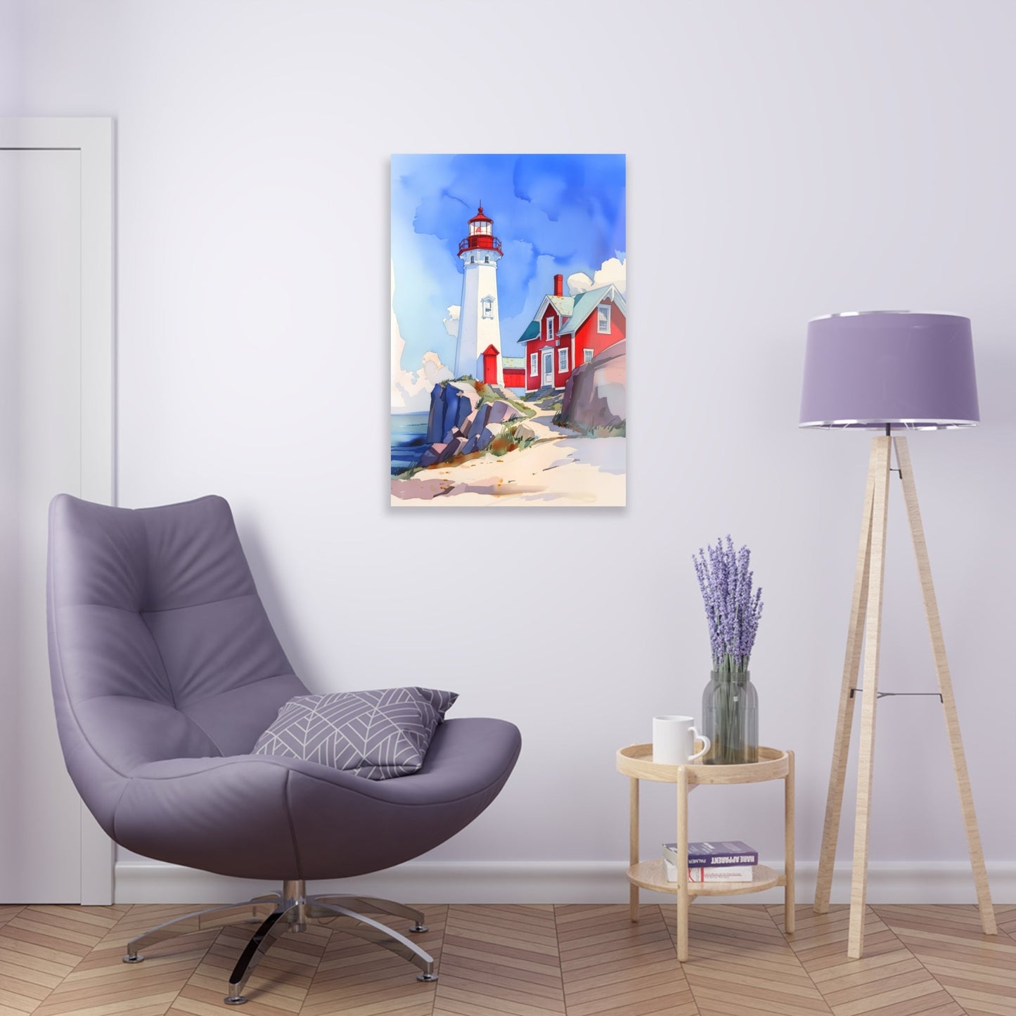 Vertical-oriented wall art: A watercolor-style painting of a lighthouse perched on rocky cliffs overlooking a vast ocean. The sky is painted in shades of blue with wispy white clouds, and the rugged coastline is depicted in intricate detail.