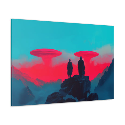 Horizontal-oriented wall art: "Echoes of Departure" Two silhouetted figures stand on a rocky alien landscape, watching as twin UFOs ascend into a neon pink and cyan sky. This surreal cosmic scene features bold colors and evokes a sense of mystery and awe.