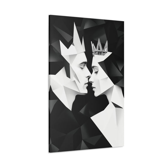 Vertical-oriented wall art: "Ruling Hearts" A geometric abstraction of a king and queen leaning in for a near-kiss, their faceted profiles crafted in striking black, white, and gray tones. This romantic artwork captures themes of love, unity, and regal elegance within a modern and minimalist design.