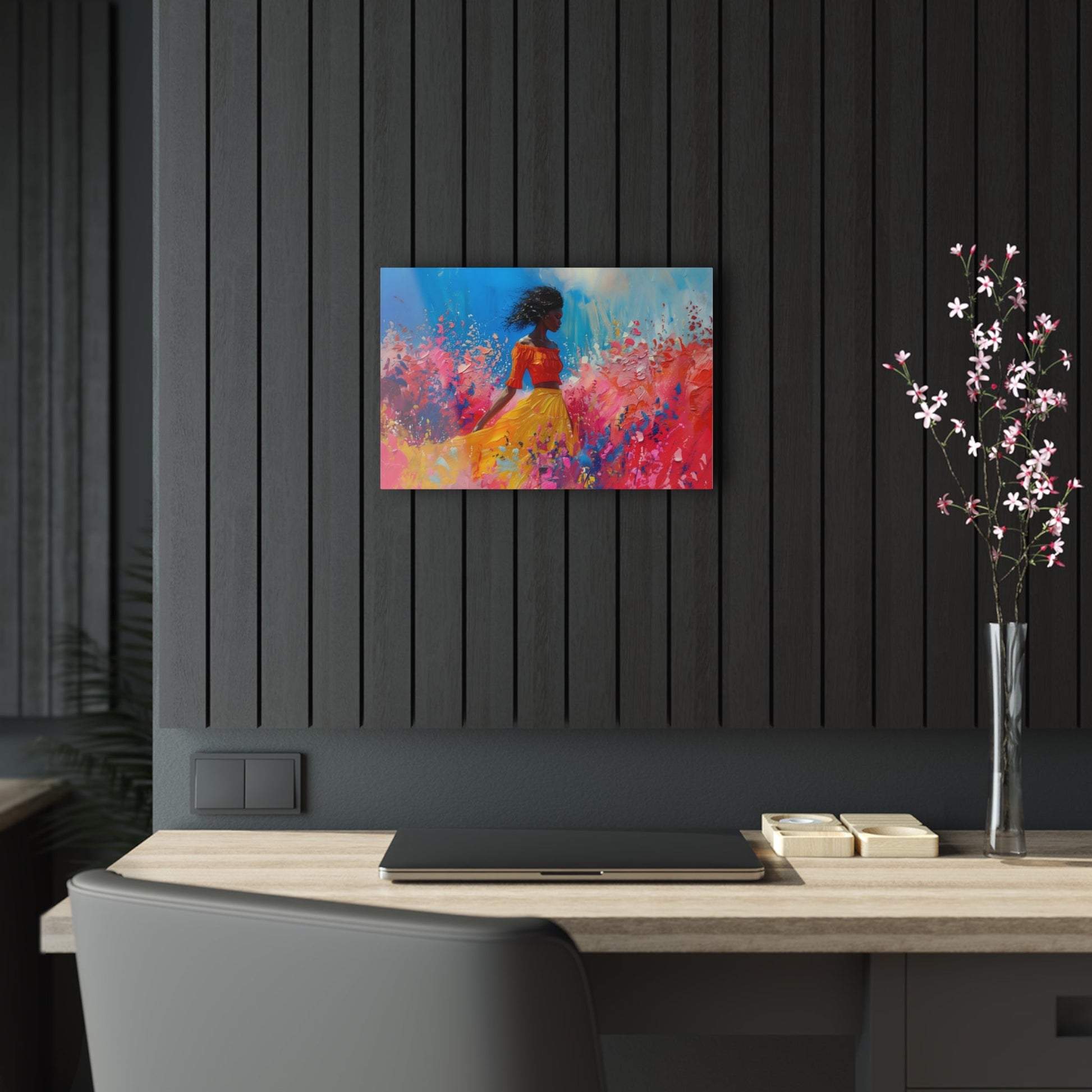 Horizontal-oriented artwork: An abstract palette knife oil painting featuring a woman walking through a colorful landscape of swirling paint splashes and vibrant hues.