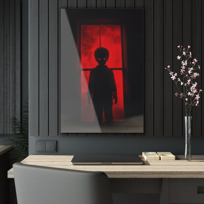 Vertical-oriented wall art: "Shadows in the Mist II." A shadowy child-like figure with glowing red eyes stands against a crimson-illuminated window, shrouded in red mist and black silhouettes, evoking an eerie and supernatural atmosphere.