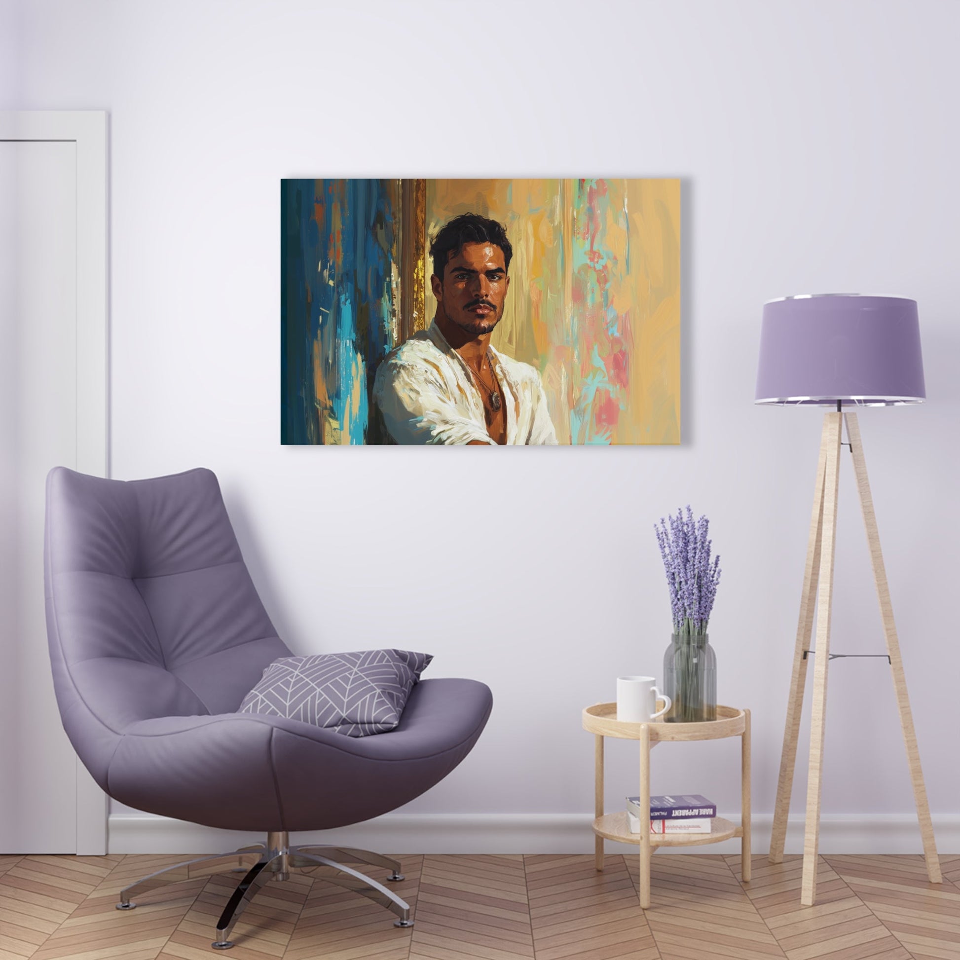 Horizontal-oriented wall art: "Stillness in Strength." A contemplative Latino man gazes forward with quiet confidence, surrounded by warm golden hues and cool blue accents. The oil painting style and radiant lighting create a refined and introspective composition.