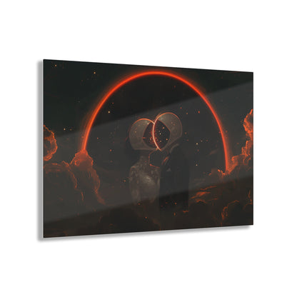 Horizontal-oriented wall art: Two astronauts, dressed in a tuxedo and a wedding dress, share a romantic kiss in space with their helmets forming a glowing heart shape. The dark, starry sky and the bright, orange-red halo create a whimsical and dreamy atmosphere.