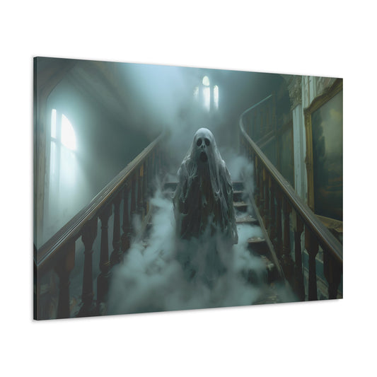 Horizontal-oriented wall art: An eerie depiction of a ghostly apparition, its translucent form hovering in a darkened space, surrounded by a soft, ethereal glow.