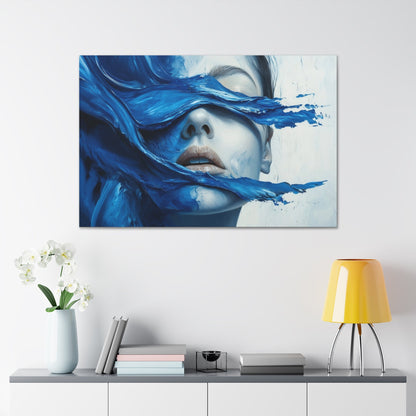 Horizontal-oriented wall art "Tides of the Mind" A surreal portrait of a woman's face partially obscured by flowing waves of cobalt blue paint. The image evokes a sense of introspection and calm, blending realistic features with abstract, fluid movement.