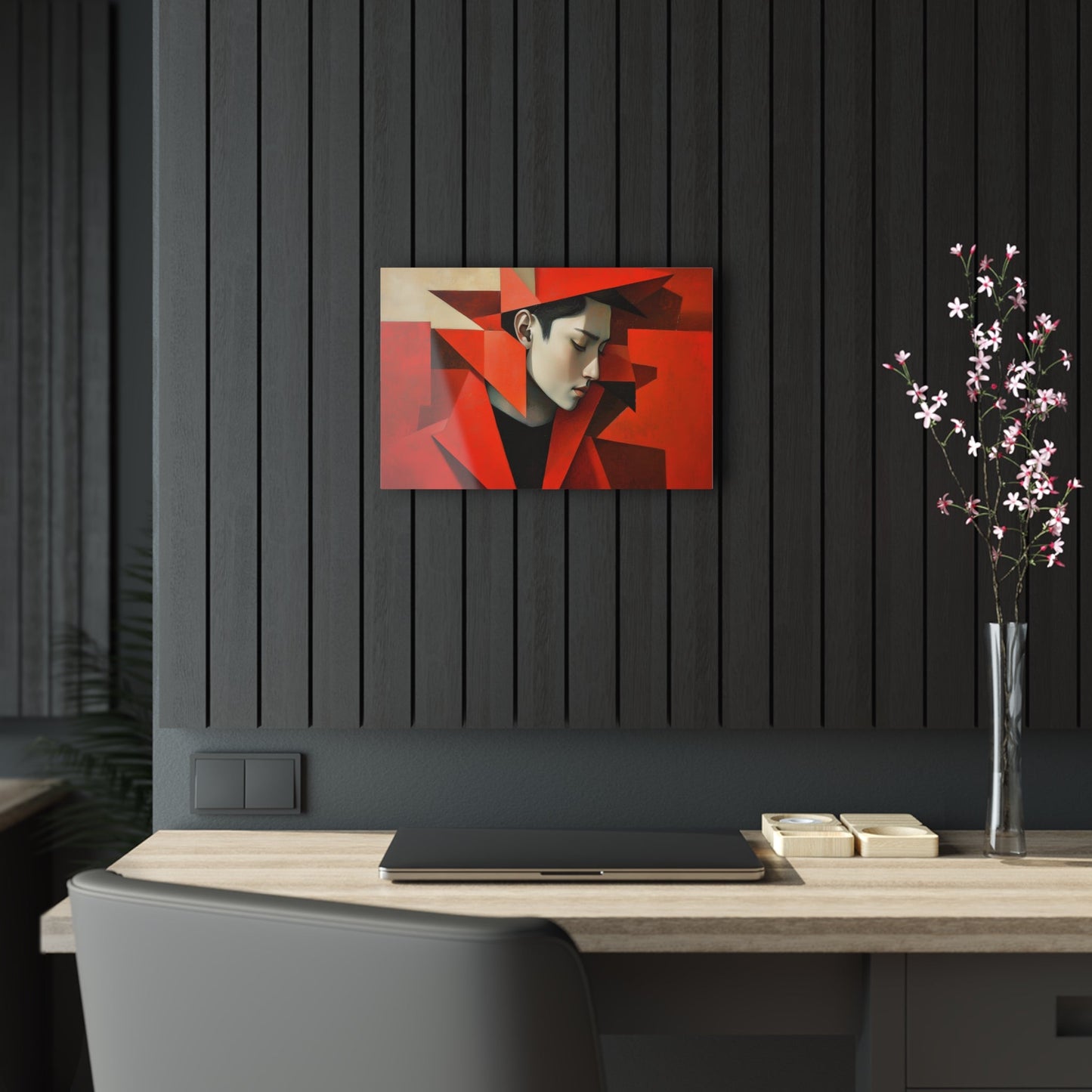 Horizontal-oriented wall art: "Refined in Fragments." A high-fashion Asian male is depicted in a Cubist style, with bold angular red geometric shapes framing his contemplative profile. The soft dramatic lighting contrasts with vivid red tones, creating an expressive and sophisticated composition.