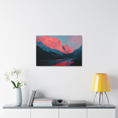 Horizontal-oriented wall art: "Timeless Peaks" Landscape artwork titled Timeless Peaks from the Bold Horizons collection, featuring vibrant crimson and pink mountains reflected in a tranquil lake. The piece highlights bold brushstrokes and a dynamic interplay of warm and cool colors, evoking majesty and serenity.