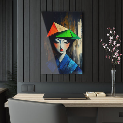 Vertical-oriented wall art: "Fractured Elegance." An Asian woman in traditional attire is depicted in a Cubist style, her serene expression framed by angular geometric shapes in blue, green, and orange. Dramatic lighting highlights the vibrant palette and intricate textures, creating a sophisticated and ethereal composition.