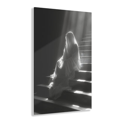 Vertical-oriented wall art: An eerie depiction of a ghostly apparition, its translucent form sitting on stairs, surrounded by a soft, ethereal glow.