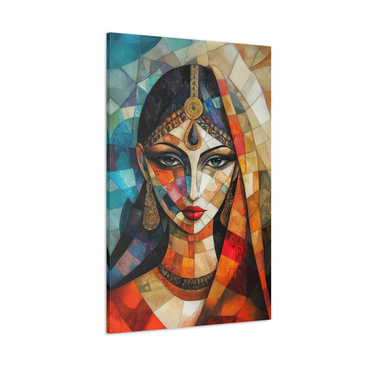 Vertical-oriented wall art: "Fractured Grace II." An Indian woman adorned with traditional jewelry and vibrant geometric patterns is depicted in a Cubist style. The rich textures and dramatic lighting create a regal and captivating composition, blending cultural elegance with modern abstraction.