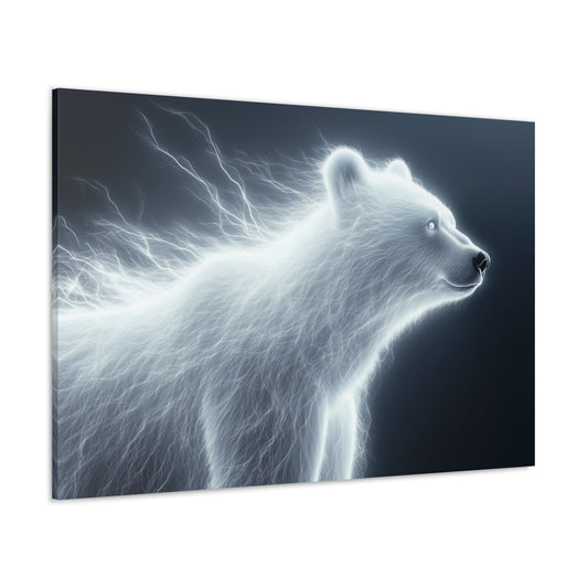 Horizontal-oriented wall art: "Glowing Guardian" A luminous bear with a radiant, ethereal glow stands majestically, surrounded by delicate light trails that emphasize its serene yet powerful presence. The artwork captures the bear's mystical aura, creating a sense of wonder and tranquility.