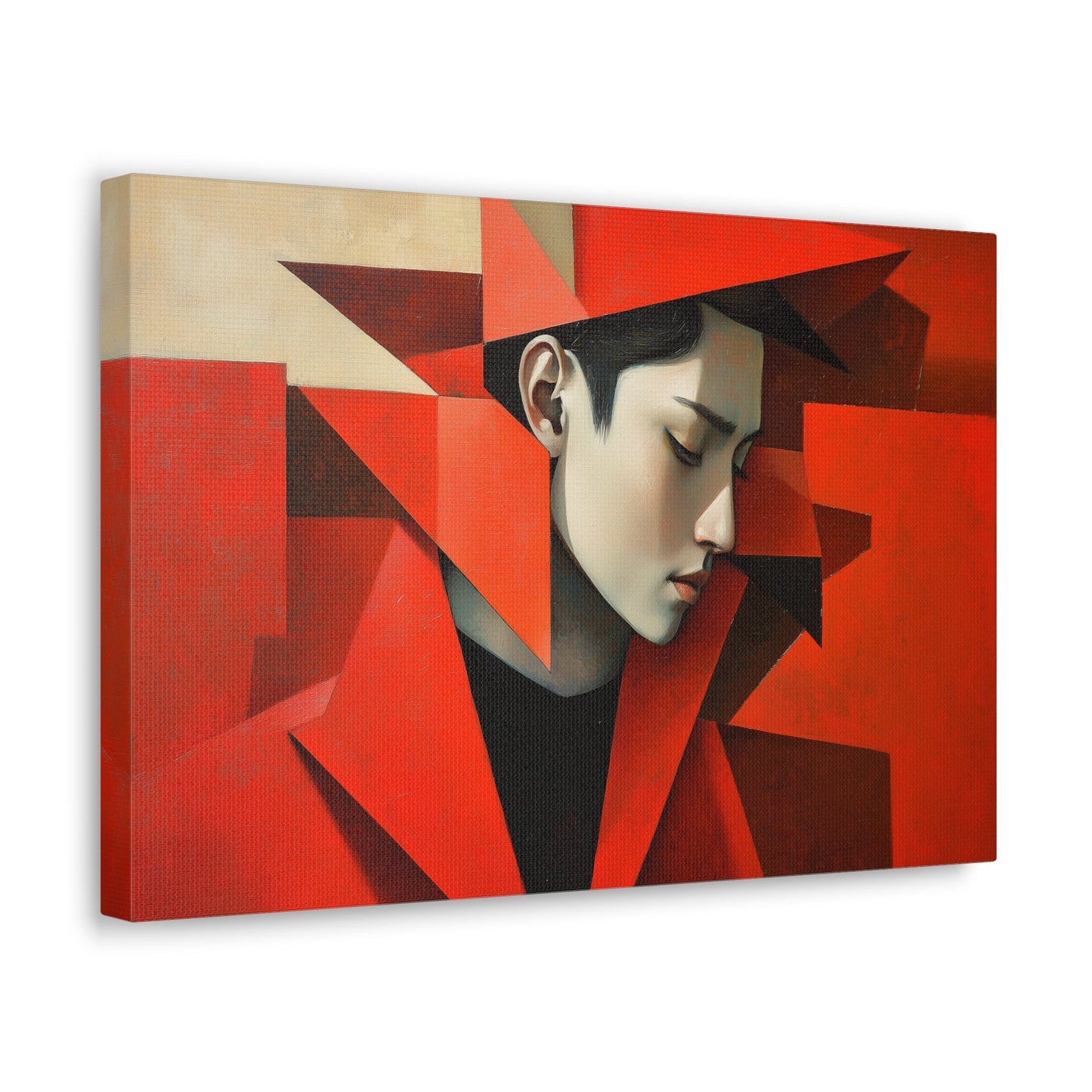 Horizontal-oriented wall art: "Refined in Fragments." A high-fashion Asian male is depicted in a Cubist style, with bold angular red geometric shapes framing his contemplative profile. The soft dramatic lighting contrasts with vivid red tones, creating an expressive and sophisticated composition.