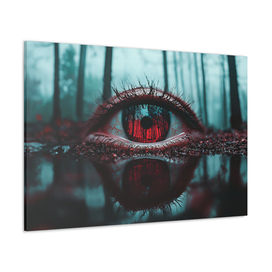 Horizontal-oriented wall art: "Eye of the Abyss" A surreal close-up of a lifelike eye emerging from a misty forest floor, with its vivid red iris reflecting towering trees. The scene is bathed in an eerie mix of teal and crimson hues, evoking a sense of mystery and otherworldly intrigue.